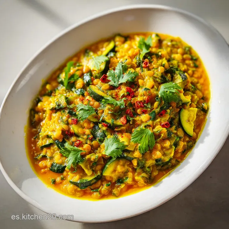 Steaming bowl of red lentil and zucchini curry, garnished with fresh cilantro and a lime wedge, against a dark, moody back...