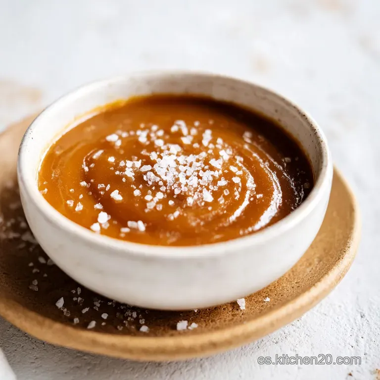 Postre servido en plato blanco minimalista, con hilos de salsa &aacute;mbar viscosa y una pizca de sal marina granulada.