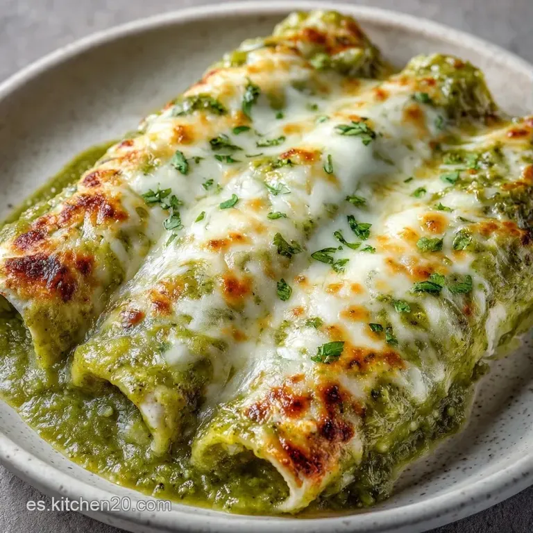 Enchiladas ba&ntilde;adas en crema verde cremosa, decoradas con queso fresco desmoronado y cilantro fresco sobre plato cer&aacute;mico.