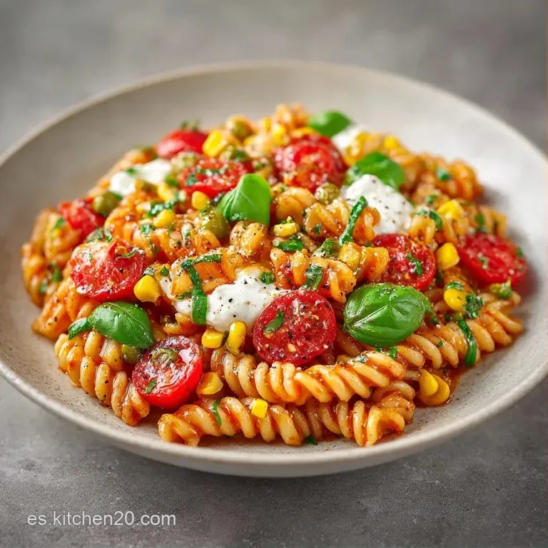Ensalada colorida servida en bol blanco, con pasta brillante, trozos de queso blanco y hojas verdes frescas decorativas.