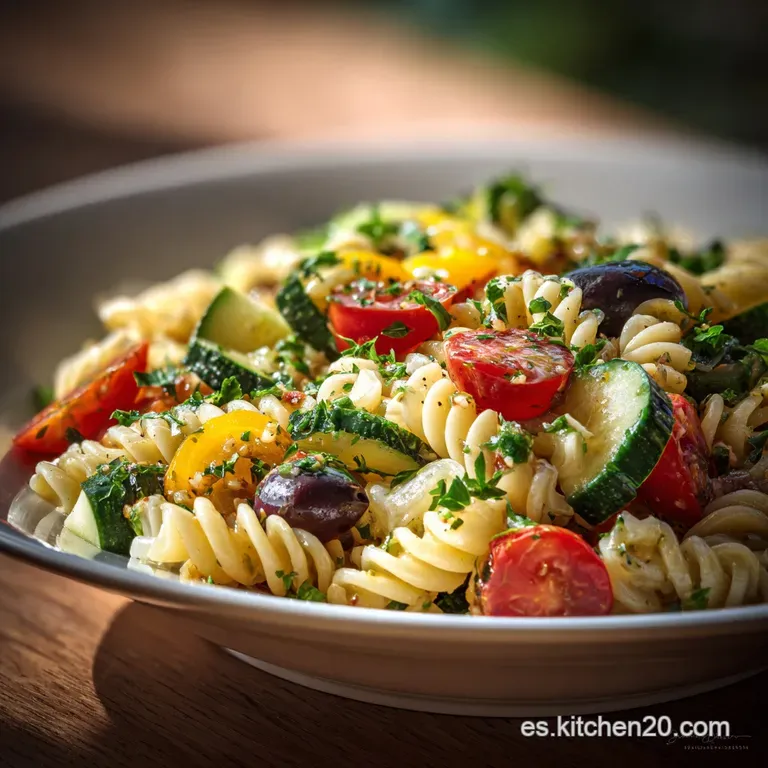 Pasta salad elegantly plated. Topped with crumbled feta and a sprig of fresh herbs. Light, bright, and ready to enjoy.