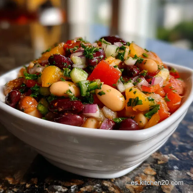 Vibrant tri-bean salad artfully arranged on a white plate. Earthy colors, firm textures, and a light vinaigrette sheen. Re...