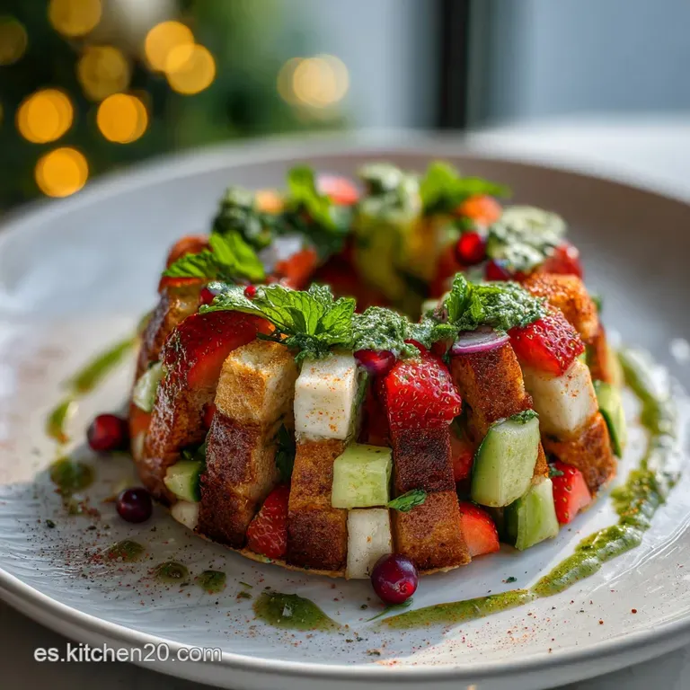 Elegant holiday salad on a white plate. Bright green leaves contrast with jewel-toned pomegranate and a sprinkle of toaste...