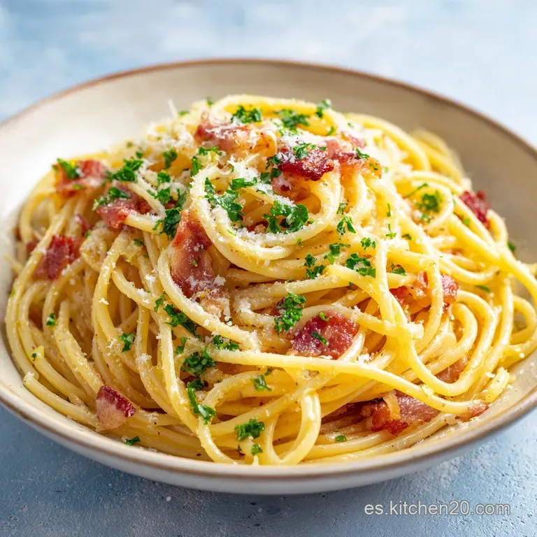A perfectly portioned mound of glossy spaghetti topped with golden pancetta bits and fresh parsley.