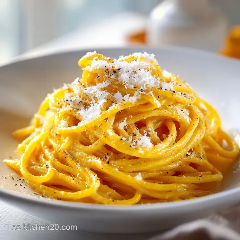 Pasta enrollada en un nido cremoso, adornada con queso rallado fino y trozos crujientes de jam&oacute;n sobre fondo neutro.