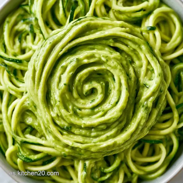 Elegante nido de tiras de calabac&iacute;n verde intenso sobre cer&aacute;mica blanca con trozos de aguacate y hierbas frescas.