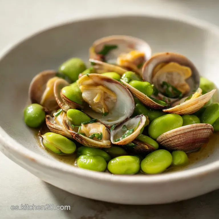 Elegant serving of tender beans and succulent clams in a shallow bowl, broth glistening, a sprig of parsley adds a touch o...