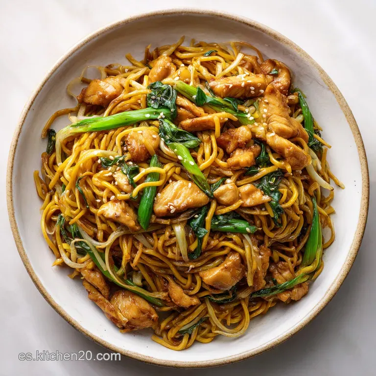 A vibrant plate of golden noodles with tender chicken, adorned with fresh parsley and a drizzle of sauce, ready to be savo...