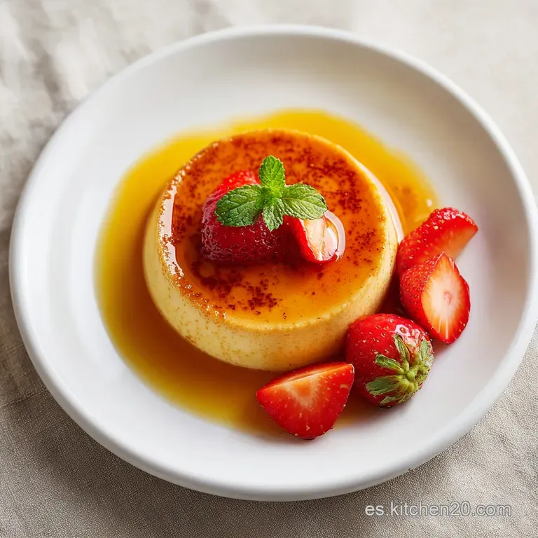 Individual ramekin of smooth, creamy flan with a rich caramel sauce, hints of vanilla, and a sprinkle of decorative dusting.