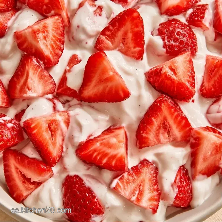 Copa de cristal con capas de crema blanca espesa y fresas carmesí frescas, coronada con una hoja de menta verde vibrante.