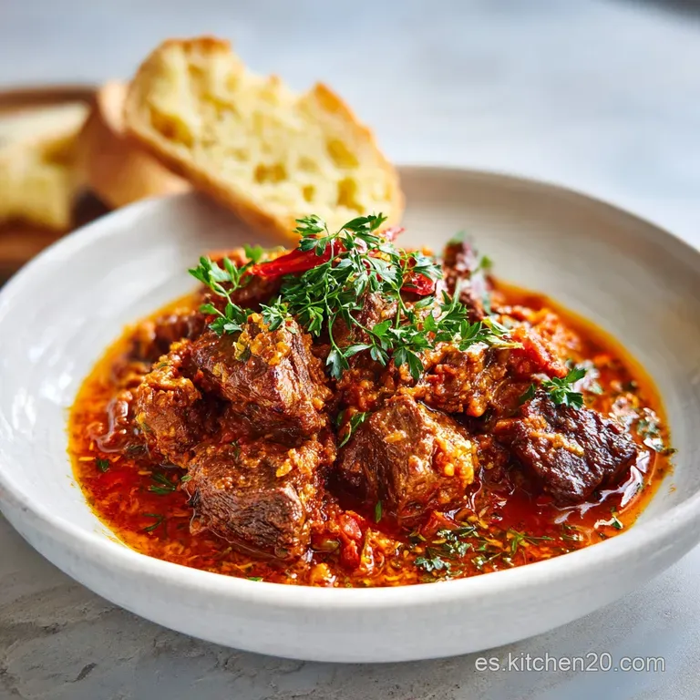 A portion of rich brown stew with soft meat, nestled among earthy mushrooms. Topped with bright parsley and crispy bread o...