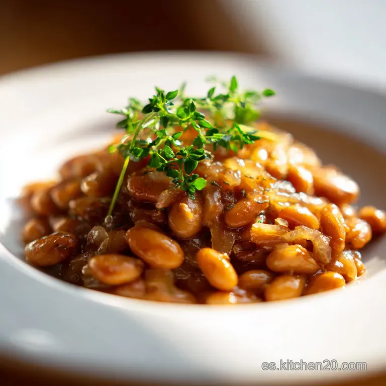 Close-up of bean stew plated beautifully. Garnished with fresh parsley. Soft, white onions scattered across the steaming, ...
