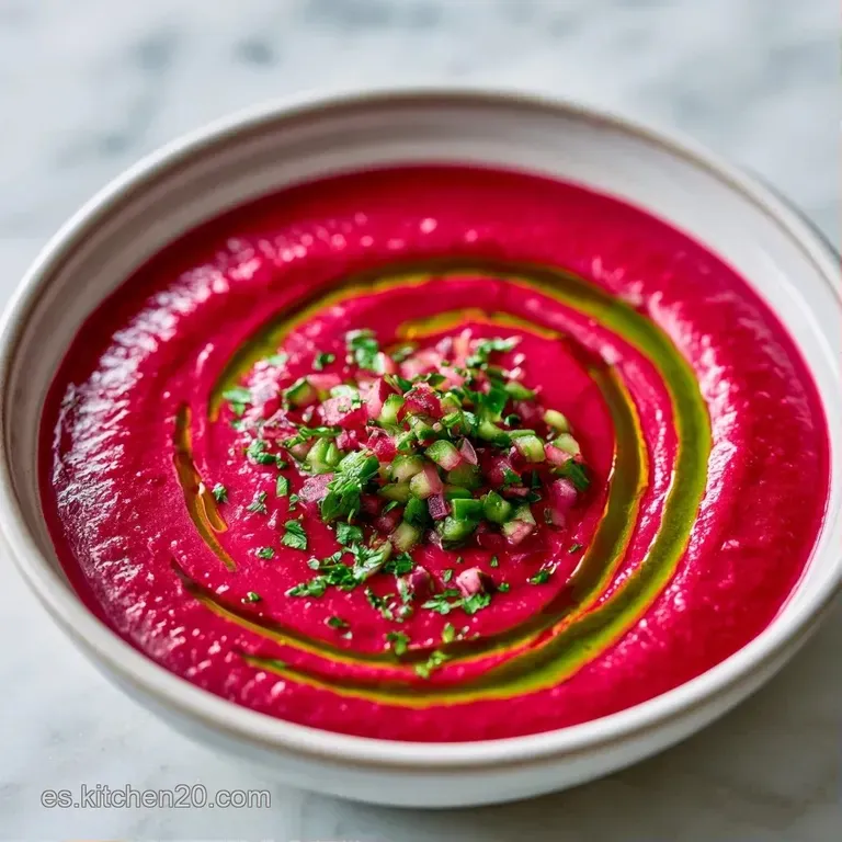 Copa elegante con crema roja fría, adornada con finas láminas de pepino y aceite brillante en un ambiente luminoso.