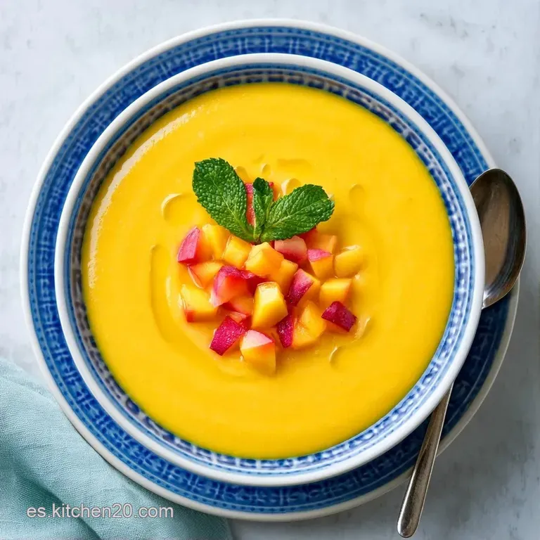 Crema anaranjada servida en cuenco de cristal con gotas de aceite brillante y dados de fruta sobre una mesa blanca.