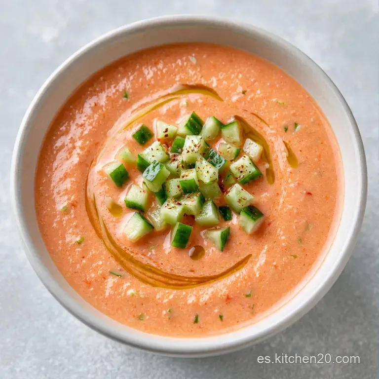 Sopa fría de tono coral servida en copa de cristal con hojas de menta fresca y pequeños dados de fruta brillante.