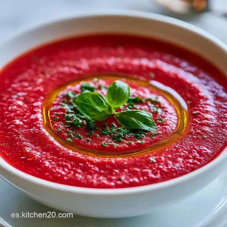 Sopa fría roja vibrante servida en copa de cristal, decorada con hojas verdes y un chorrito de aceite oliva brillante.