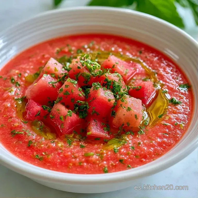 Crema rosada refrescante servida en vaso de cristal con hojas de menta fresca y dados de pepino muy pequeños.
