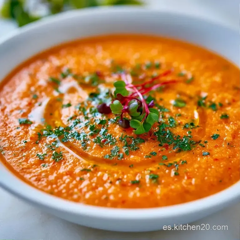 Sopa naranja espesa decorada con hilos de crema blanca, brotes frescos y un toque de pimienta negra molida.