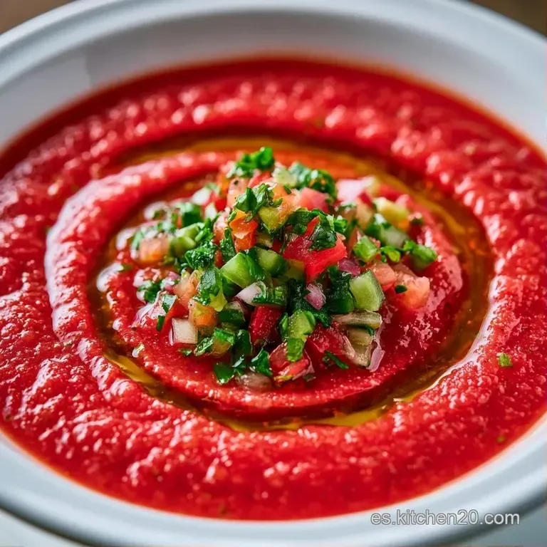Sopa fría de color rojo vivo servida en cuenco de cristal, adornada con dados de hortalizas frescas y aceite dorado.