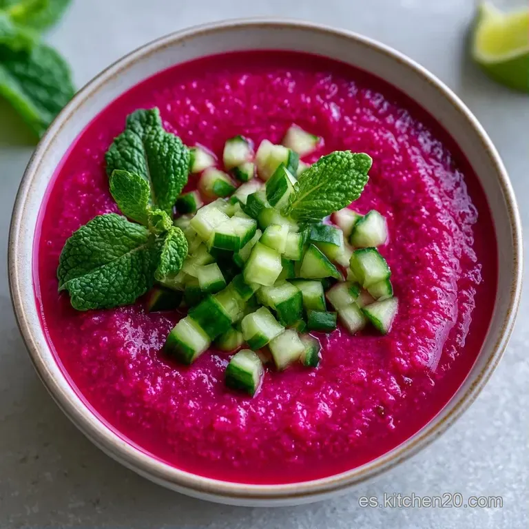 Cremoso caldo rojo púrpura servido en copa de cristal con hojas de menta fresca y semillas blancas esparcidas arriba.