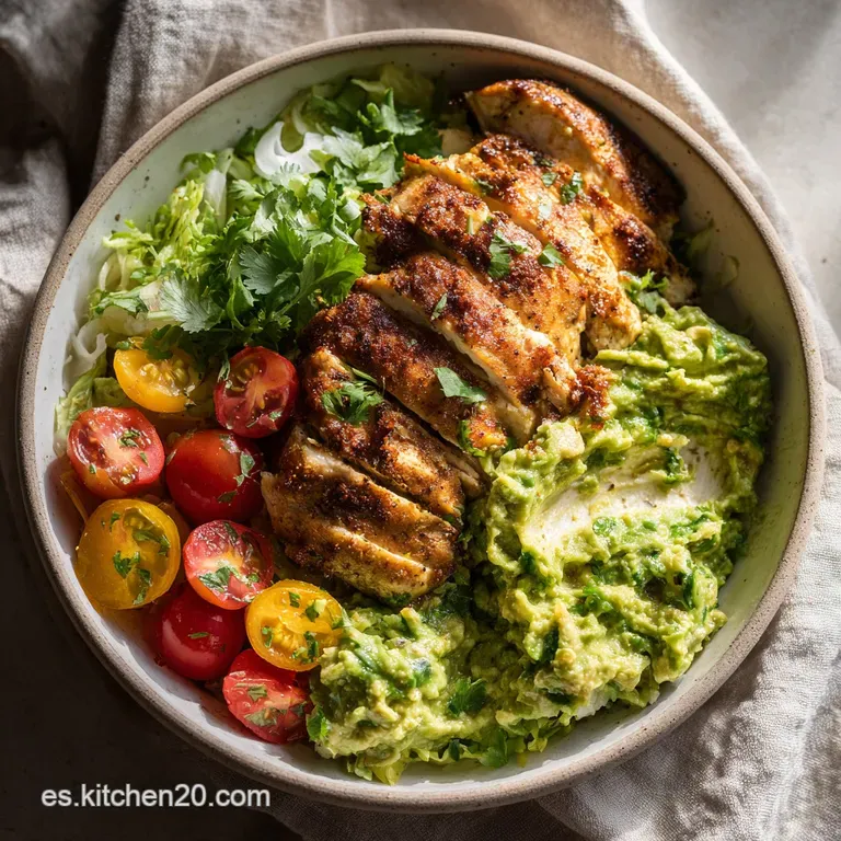 Elegant plate featuring artfully arranged grilled chicken and creamy guacamole. Garnished with cilantro and a lime wedge, ...