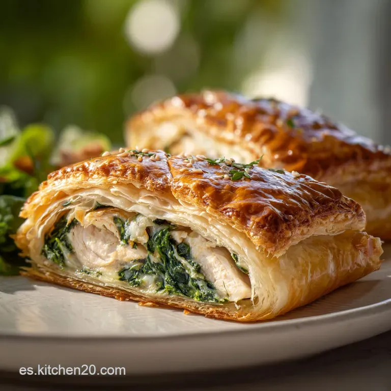 Elegant slice of pastry on a white plate. The golden crust contrasts with the creamy filling, garnished with fresh herbs.