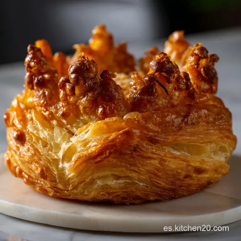 Elegant plate with a single, perfectly formed pastry, showcasing the contrast of the dark onion against the melted cheese ...