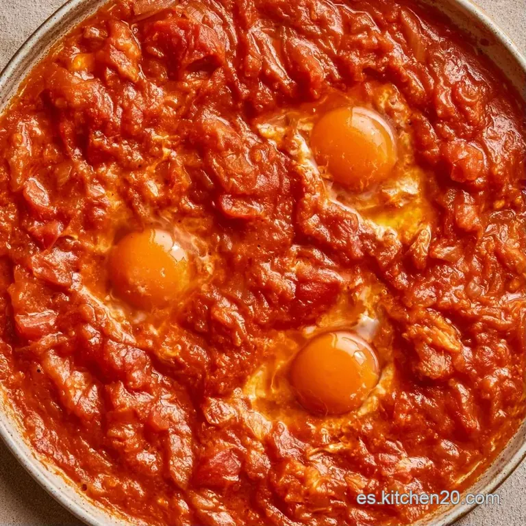 Recipiente de arcilla con huevos cocidos, trozos de pan dorado y crujiente sobre una superficie de madera rústica.
