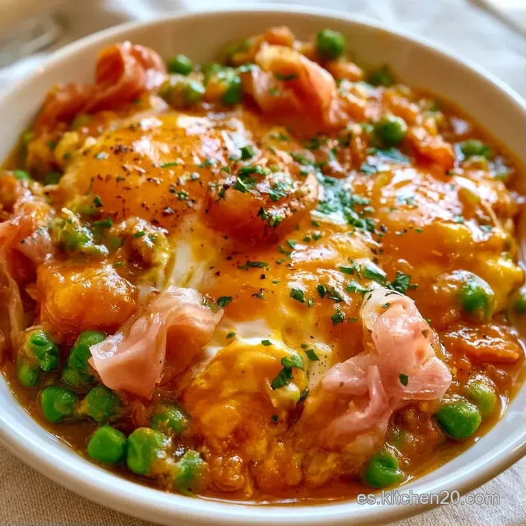 Cuenco de barro con huevos cuajados y queso fundido dorado, rodeados de salsa espesa y roja sobre una mesa rústica.