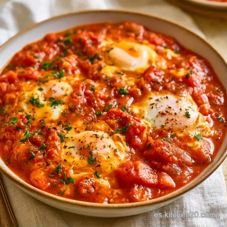 Sartén rústica con huevos pochados, gotas de aceite dorado y perejil fresco picado sobre una base de tomate rojo.