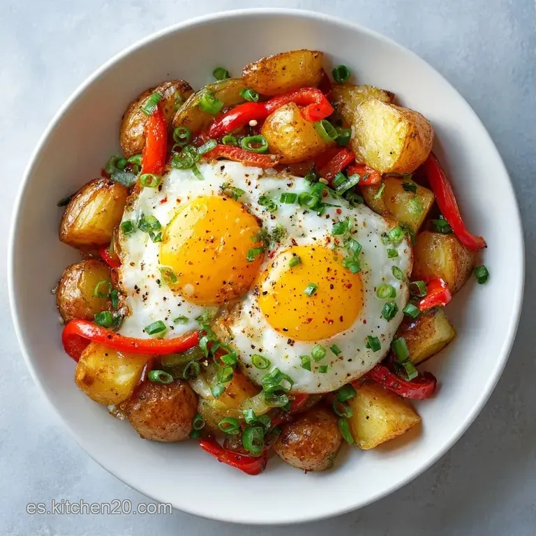 Plato blanco con patatas salteadas, pimientos rojos y huevos cuajados, adornado con perejil fresco picado muy fino.