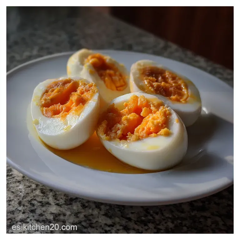 Two creamy, stuffed eggs on a white plate, vibrant red salsa contrasting with the rich yellow yolks, a culinary delight.