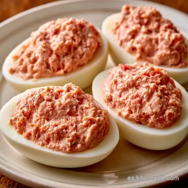 Huevos rellenos dispuestos simétricamente, decorados con gotas de mayonesa y hojas verdes frescas sobre fondo claro.