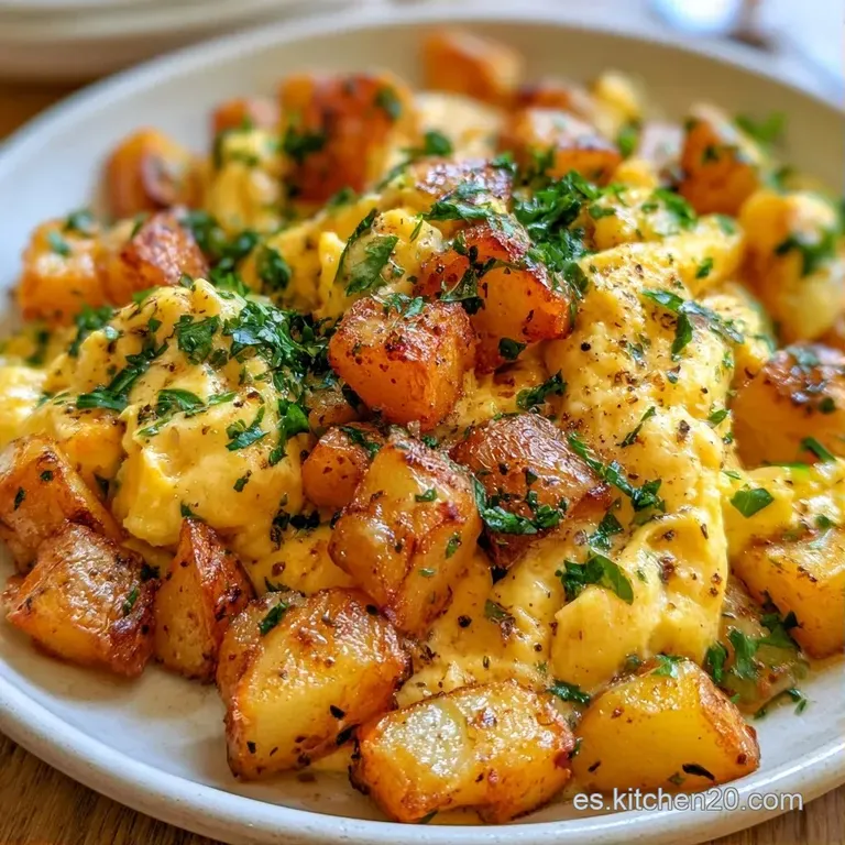 Montón ordenado de huevos suaves y patatas crujientes adornado con cebollino fresco sobre un fondo neutro claro.
