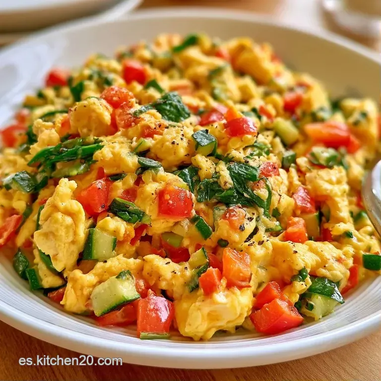 Porción esponjosa de color amarillo brillante con vegetales picados y un toque de perejil fresco en plato cerámico.