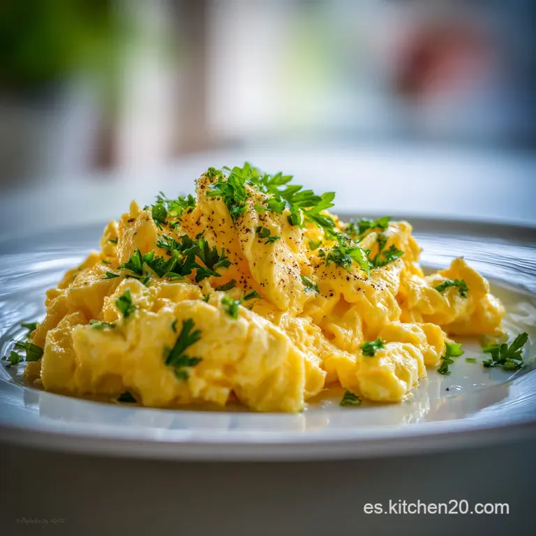 Perfectly plated, fluffy scrambled eggs sit beside toasted bread. A sprinkle of herbs and a drizzle of olive oil finish th...