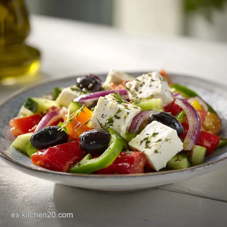Artfully arranged Greek salad with feta, olives, and fresh herbs, showcasing bright colors and textures.