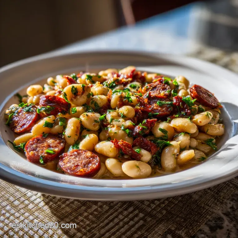 A portion of rustic bean and chorizo stew, garnished with parsley, steaming gently in a deep, earthenware bowl.