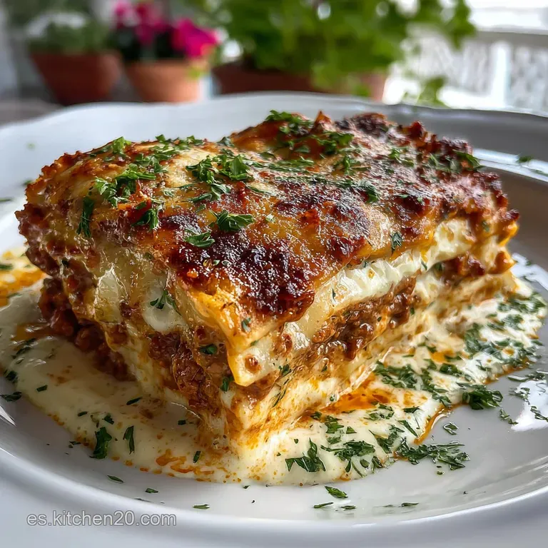 Slice of steaming lasagna on a white plate, showcasing layers of pasta, meat, and creamy b&eacute;chamel with a sprinkle of herbs.