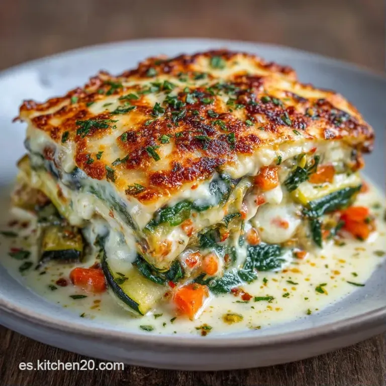 Porci&oacute;n cuadrada con capas definidas de hortalizas coloridas y queso fundido, servida en plato blanco minimalista.