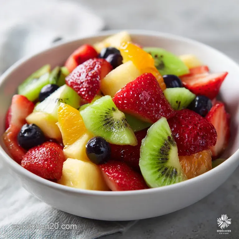 Elegant fruit salad. Cubed ripe melon, berries, and kiwi arranged artfully. Mint sprig adds freshness and bright green color.
