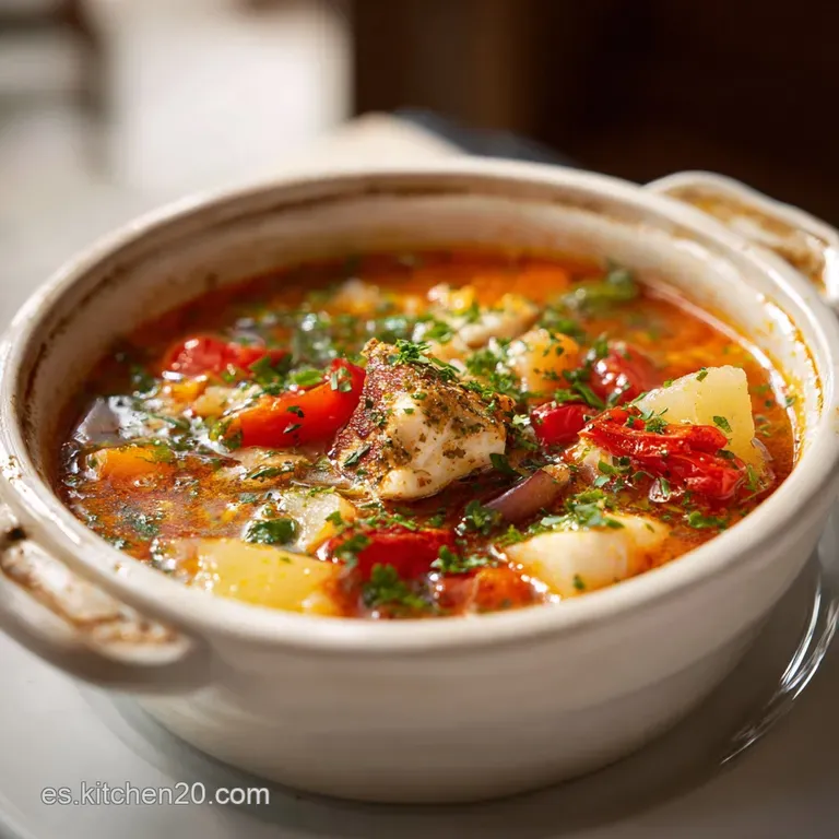 Hearty portion of marmitako in a white bowl, garnished with parsley, steaming gently; rustic earthenware spoon resting nea...