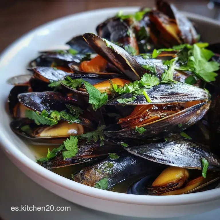 Plump mussels artfully arranged in a deep bowl, bathed in a shimmering, fragrant broth. Lemon wedge adds a pop of bright c...
