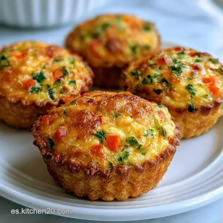 Bocadillos redondos sobre plato blanco, con superficie gratinada amarillenta y pequeños cubos de vegetales coloridos.