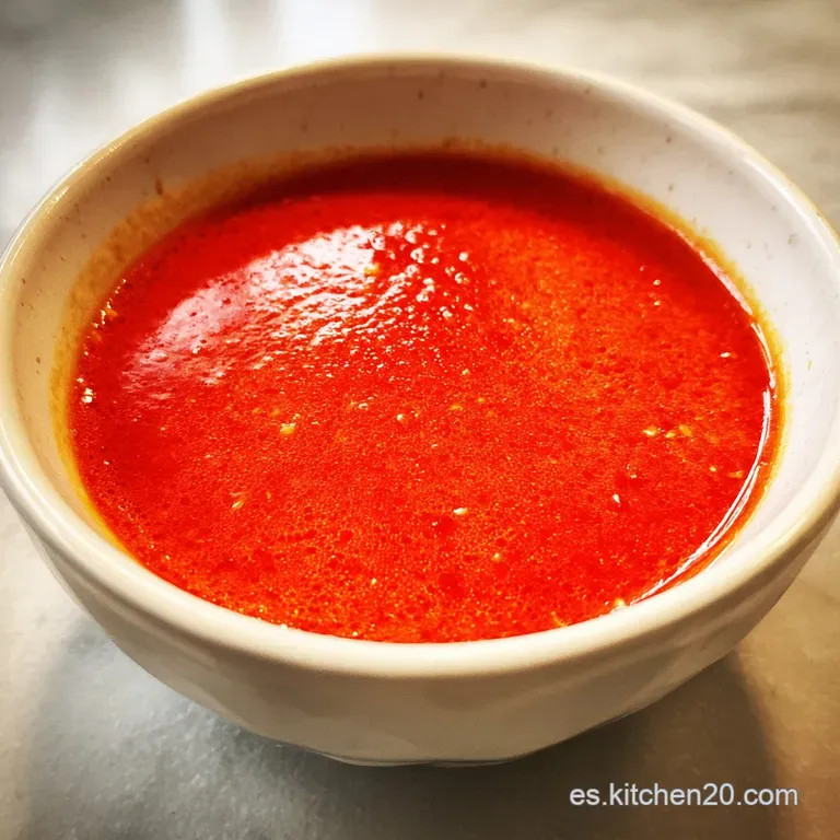 Bright red mojo rojo in a small terracotta bowl. Rustic bread slices are ready for dipping on the side. Simple, inviting.