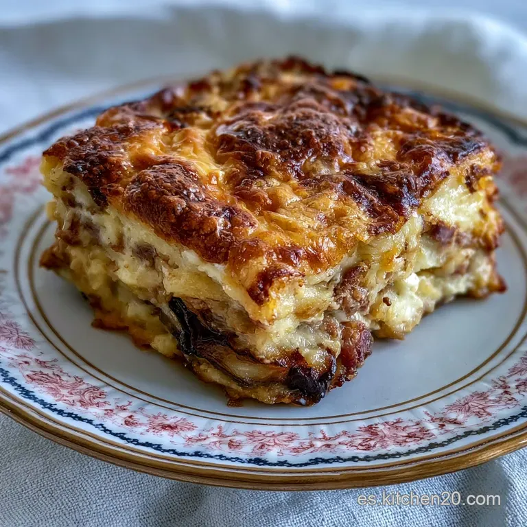 Una rebanada cuadrada de moussaka servida en plato blanco, mostrando capas definidas de carne y berenjena tierna.