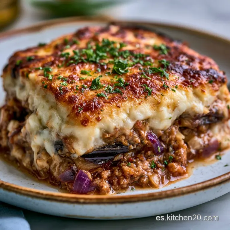 Porci&oacute;n cuadrada en plato blanco con salsa b&eacute;chamel cremosa, capas definidas y una hoja de perejil fresco encima.