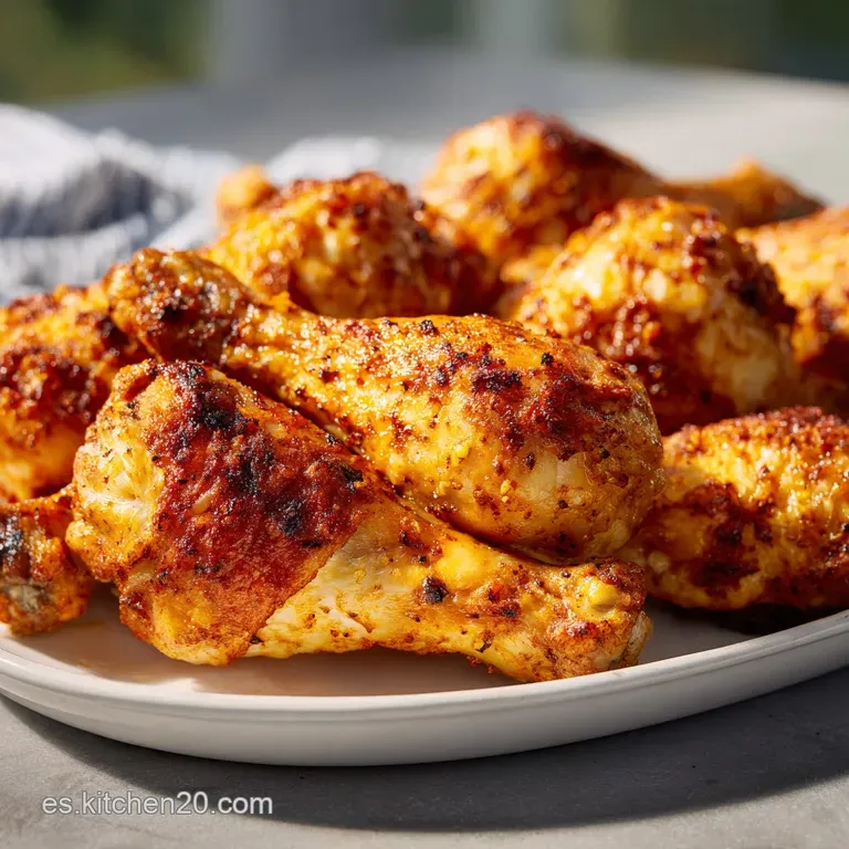 Plated chicken drumsticks with herbs, showcasing a crispy exterior and juicy, tender meat. Fresh and visually appealing.