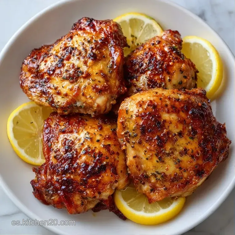 Muslos de pollo con piel tostada y brillante, servidos sobre un pur&eacute; cremoso con gotas de salsa roja y brotes verdes.