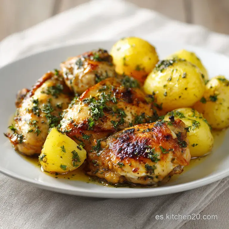 Plated chicken thigh with crispy skin beside fluffy roasted potatoes. Glistening herbs add brightness to the appealing, si...